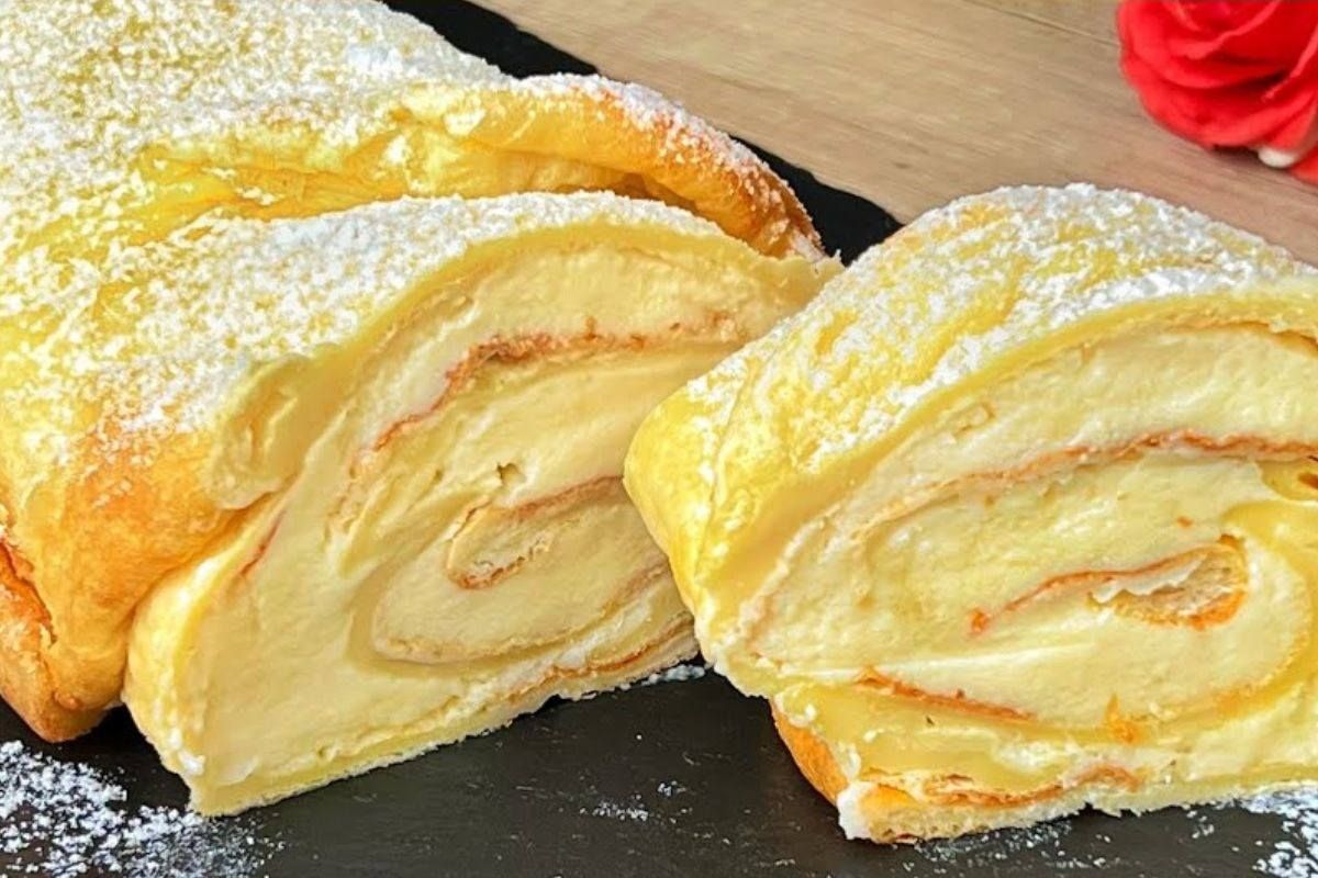 Rocambole cremoso de pão de forma